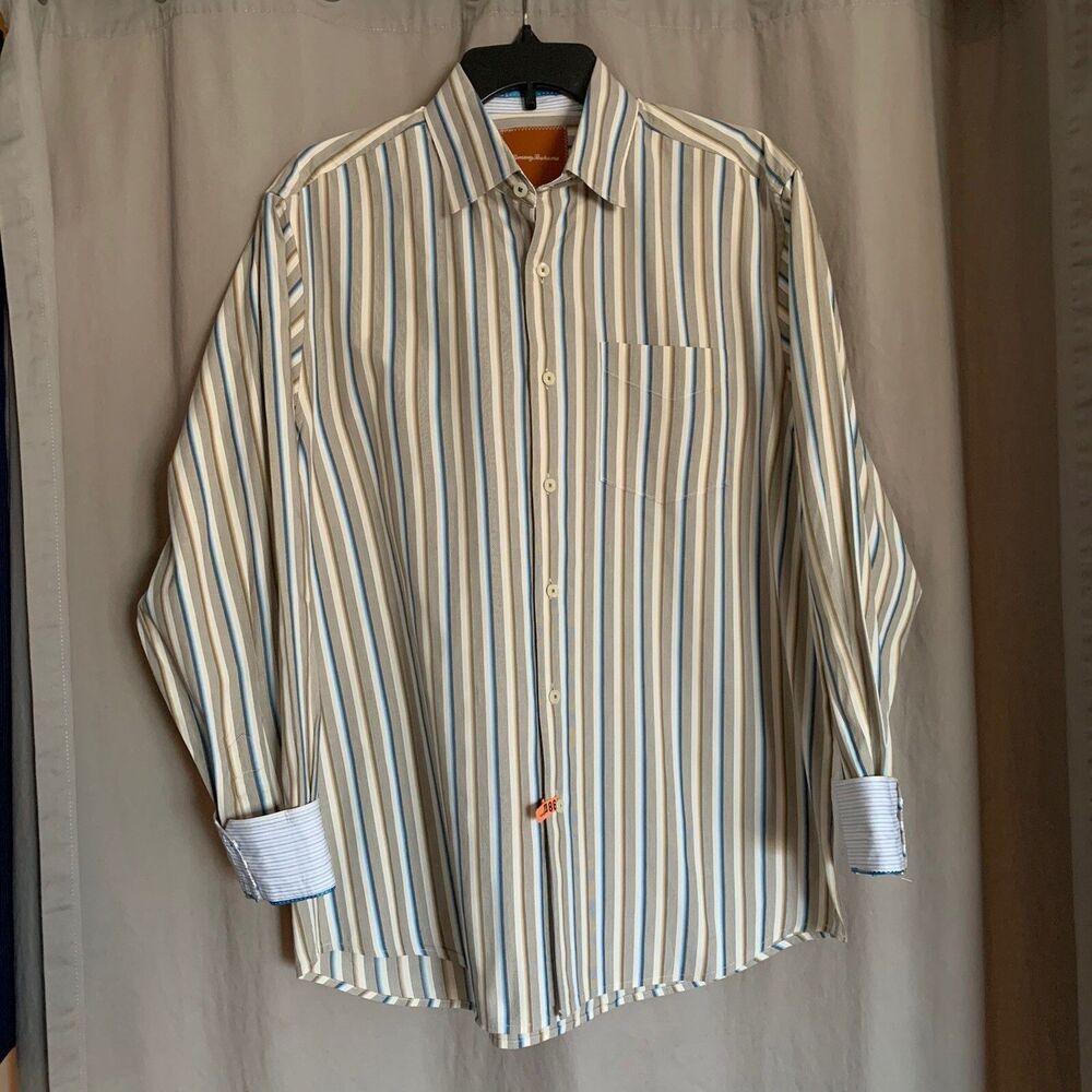 TOMMY BAHAMA Striped Button Up Cotton Dress Shirt Pocket Men’s Size Large